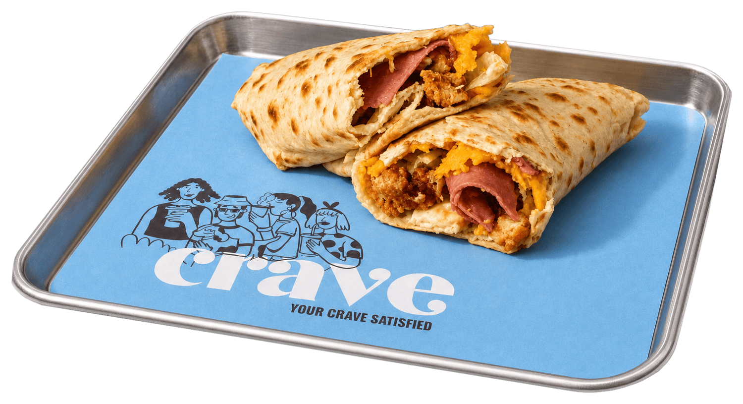 A Crave roll cut in half on a Crave tray, crispy chicken, sliced beef and melted cheddar inside, on blue paper printed with the crave wordmark.