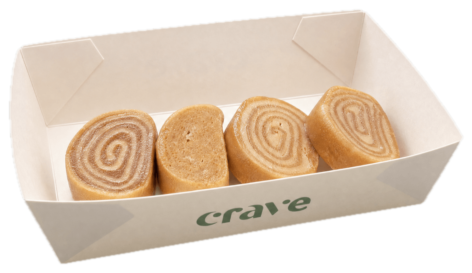 Four swirl pastries standing in an open Crave paper tray.